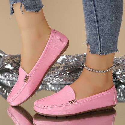 Classic Leather Loafers for Women – Comfortable Slip-On Flats with Gold Buckle Detail
