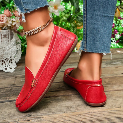 Classic Leather Loafers for Women – Comfortable Slip-On Flats with Gold Buckle Detail