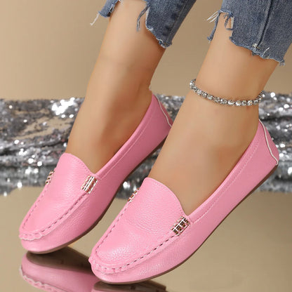 Classic Leather Loafers for Women – Comfortable Slip-On Flats with Gold Buckle Detail